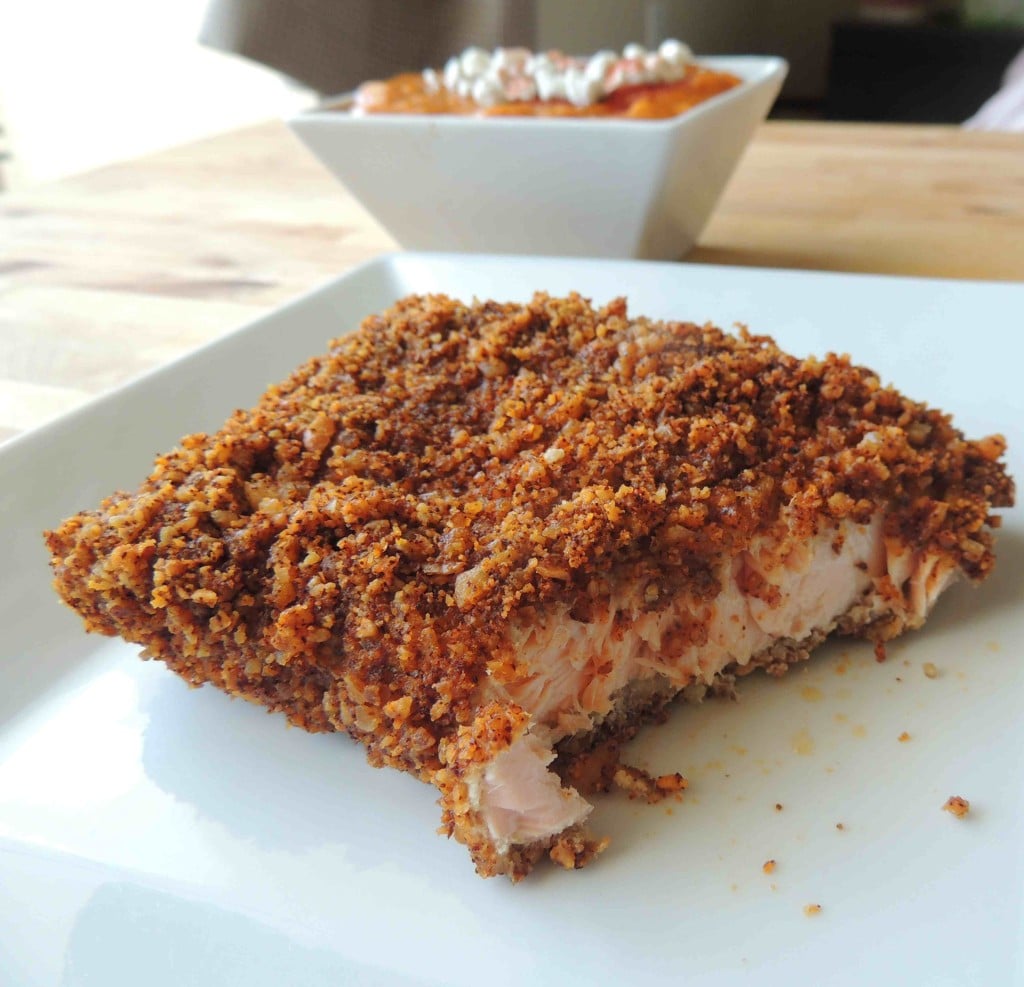 Pecan-Crusted Salmon w/ Roasted Red Pepper & Sweet Potato Soup Gluten Free Pecan Crusted Salmon