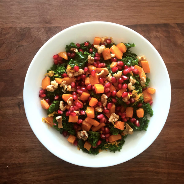 Salad, Kale, butternut squash, pomegranate Harvest Kale Salad