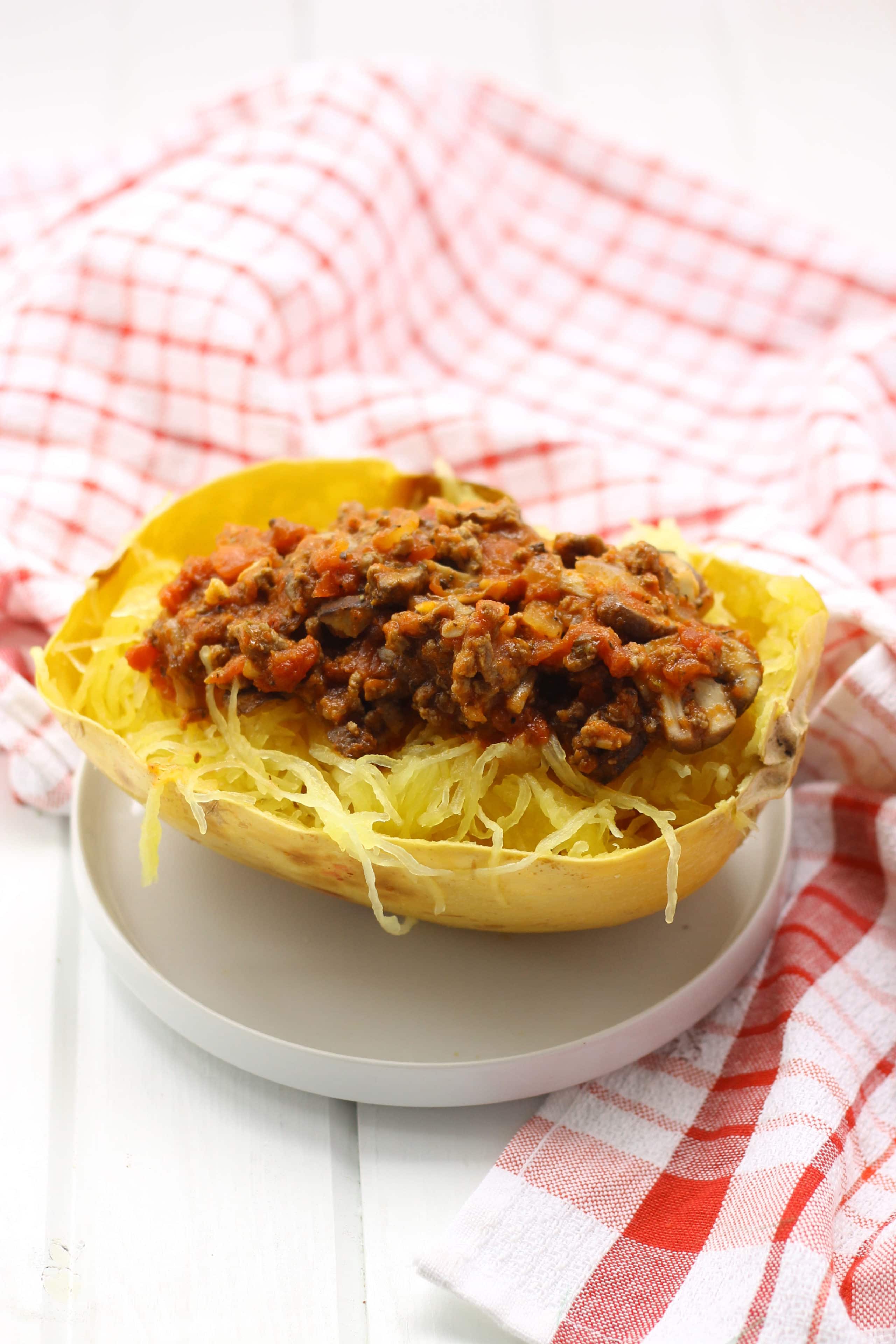 Spaghetti Squash With Grass Fed Beef And Mushroom Marinara Sauce