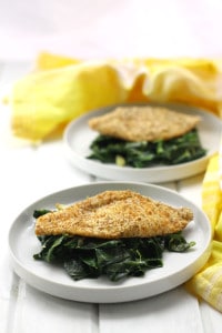 Oven Baked cornmeal crusted catfish with collards