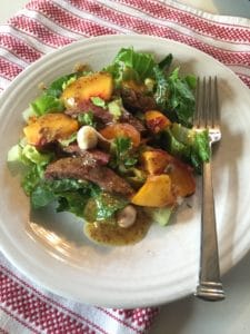 Grilled Steak Salad with mozzarella, cucumber, grilled peaches