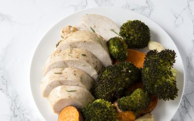 Healthy One Pan Meals: Garlic Chicken with Broccoli and Sweet Potatoes