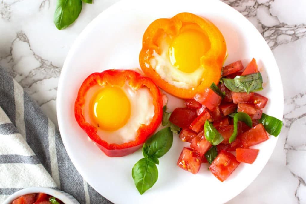Eggs in Bell Pepper Rings with Tomato Basil Salad