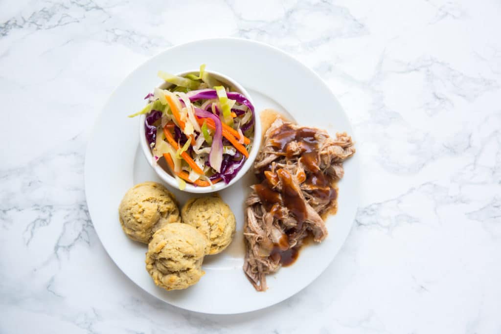 Healthy Slow Cooker Pulled Pork with Almond Flour Biscuits and Slaw