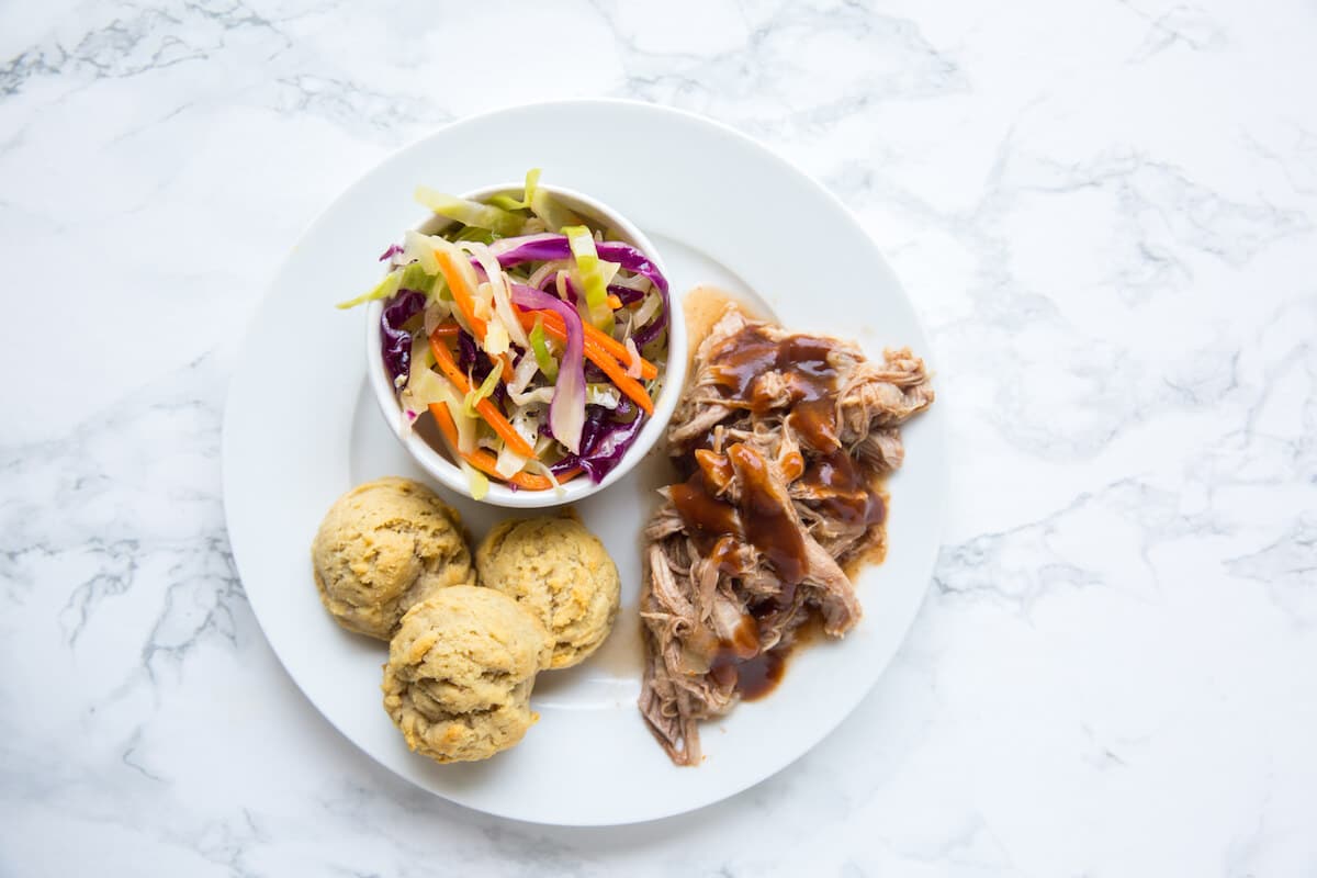 Healthy Slow Cooker Pulled Pork w/ GF Biscuits & Dairy-Free Coleslaw