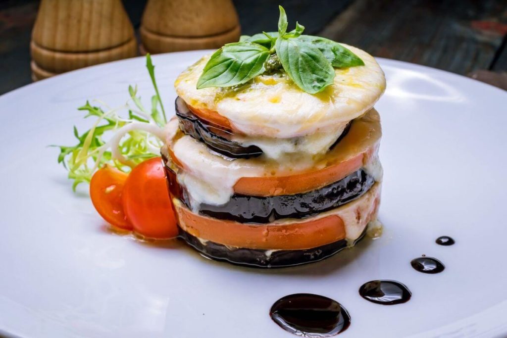 Eggplant Tomato Mozzarella Stacks with Pesto