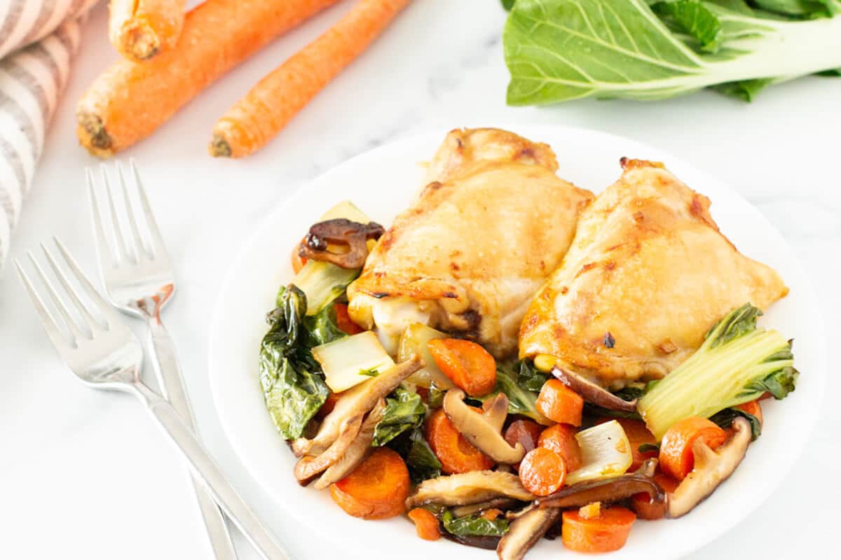 Sheet Pan Garlic Soy Chicken Thighs w/ Veggies